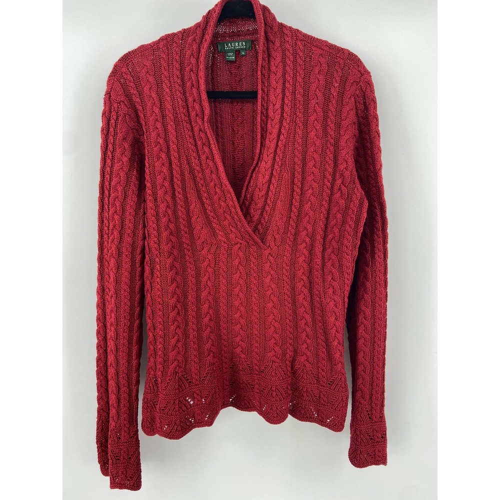 Y2K‎ Lauren Ralph Lauren Sweater Womens XL Red Cable Knit V Neck Cotton Preppy